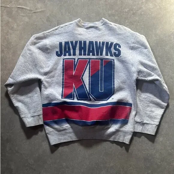 90s Vintage Kansas Jayhawks Wrap Around Heather Gray Crewneck Size L